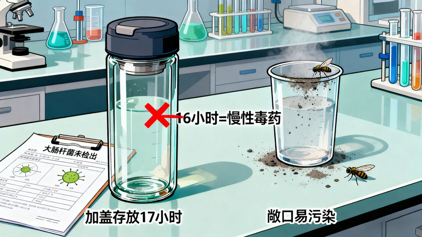 谣言破解：展示加盖与无盖水杯对比实验，突出-“白开水-16-小时可饮用”-的科学结论