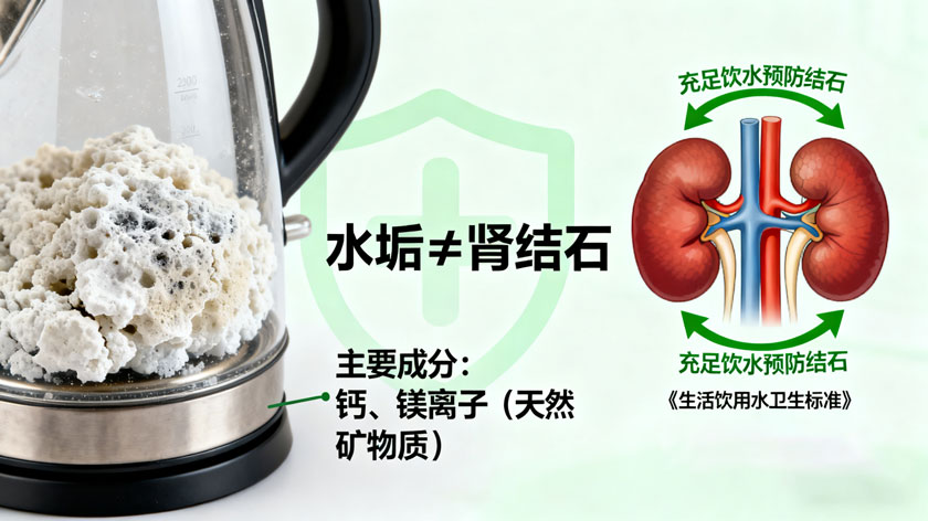 谣言破解：烧水壶水垢特写与肾结石对比，强调钙镁离子为天然矿物质