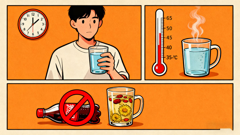 正确饮水指南：“3-要-3-不要”-行为对比，包含主动饮水、温水适宜、拒绝含糖饮料