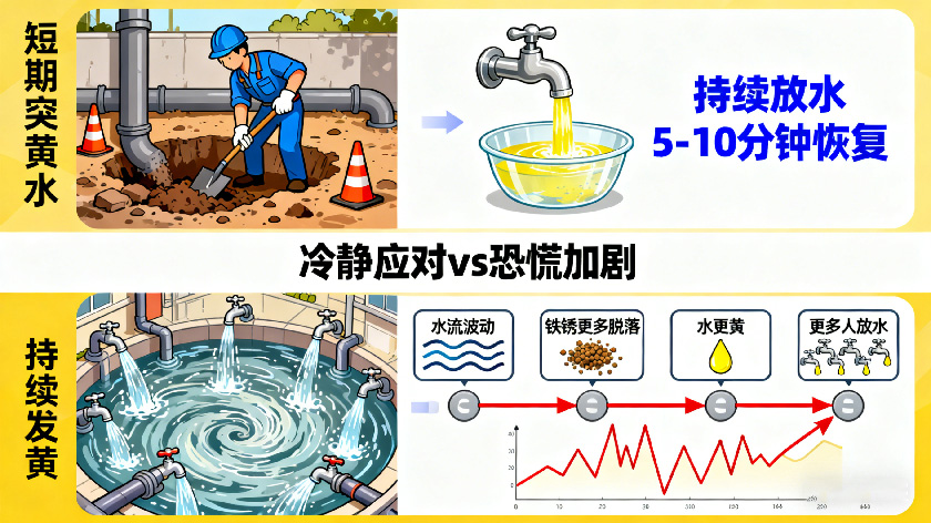短期突发黄水与持续发黄场景对比图