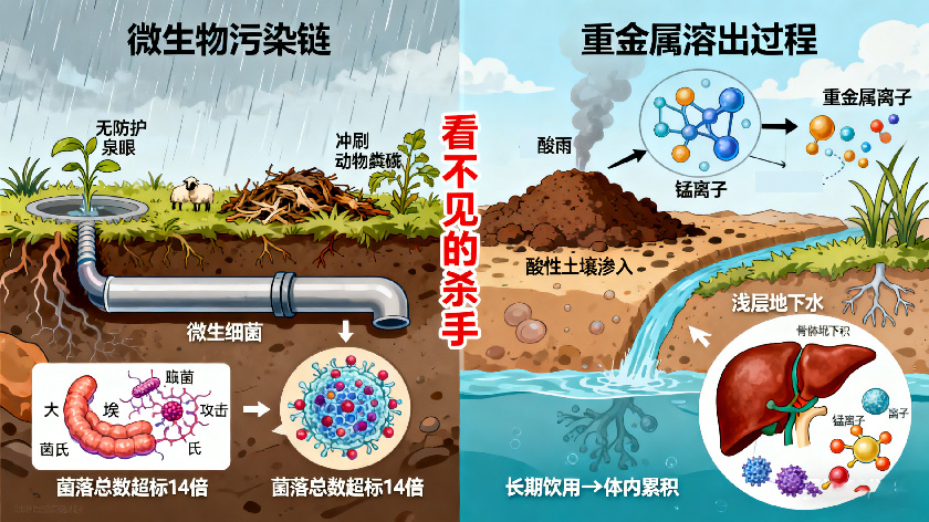 山泉水微生物与重金属污染原理示意图