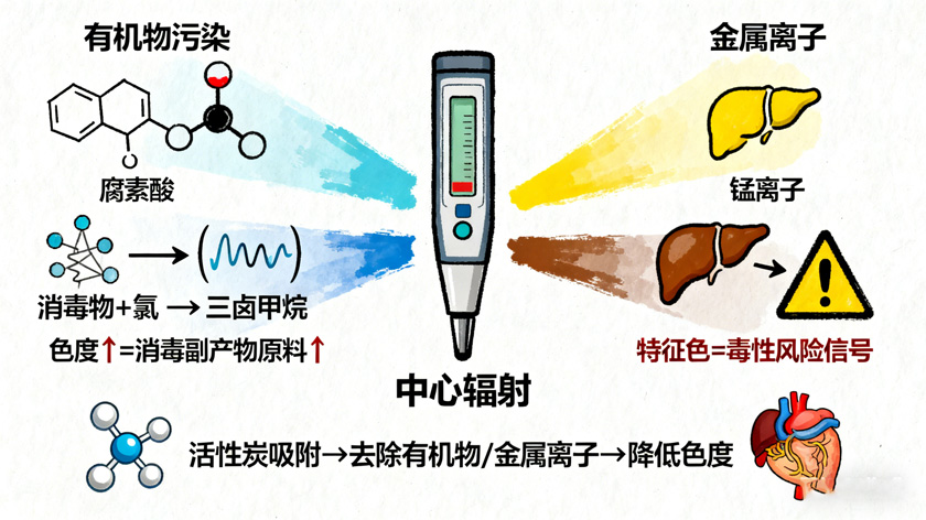 色度与有机物、金属离子关联原理图解